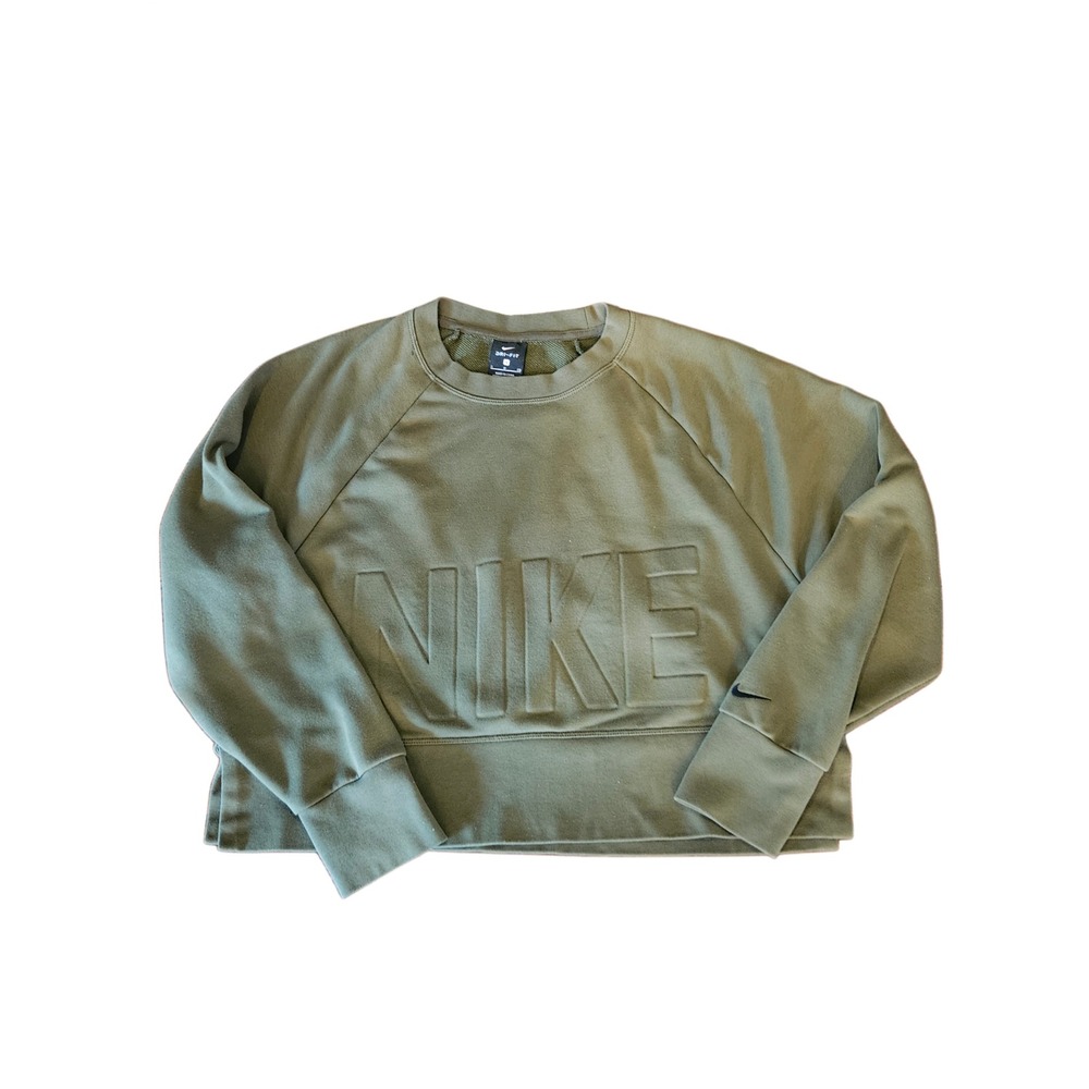 Nike Dri-FIT Versa Crew Olive Green Embossed Logo Cropped Sweatshirt Small EUC